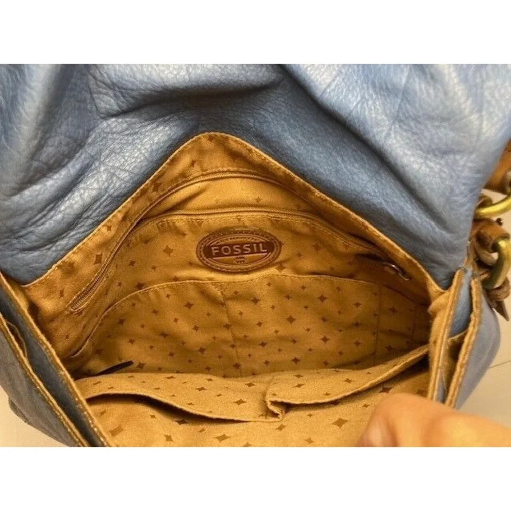 Vintage‎ Fossil Cowhide Leather Fold-Over Denim Blue Shoulder Bag Hobo